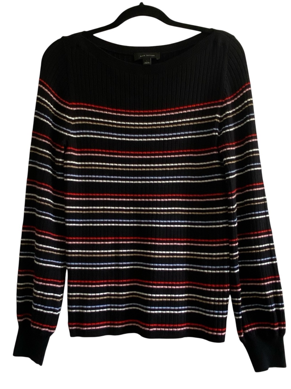 Ann Taylor Ribbed Striped Sweater Large Black Boat Neck Long Sleeve Knit